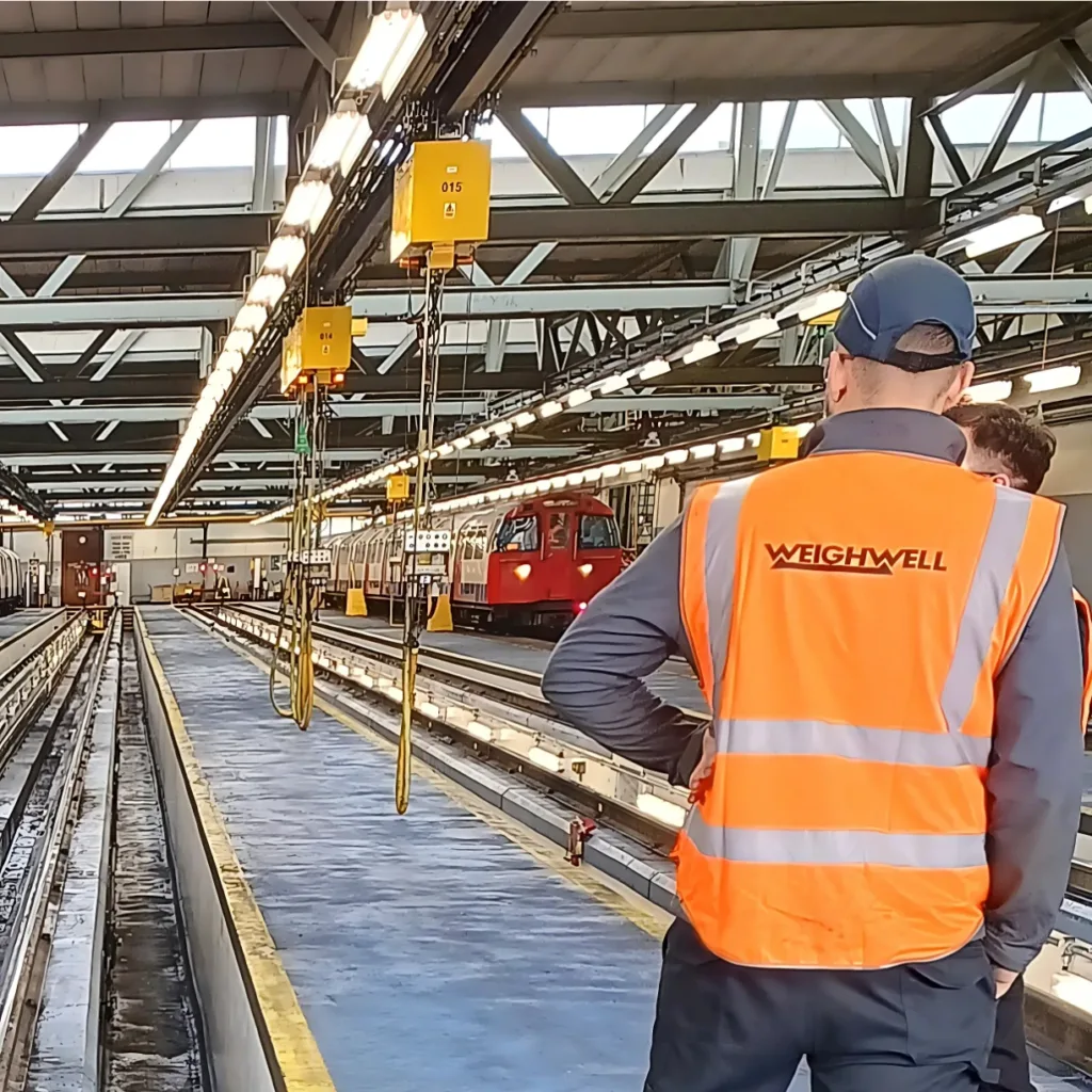 Técnico frente a un vehículo ferroviario en una instalación de London Underground Técnico frente a un vehículo ferroviario en una instalación de London Underground